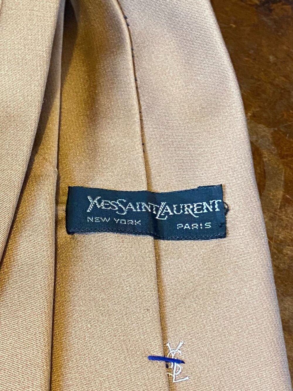 Vintage Yves Saint Laurent Tie Necktie YSL Monogram Logo Beige Brown Champagne